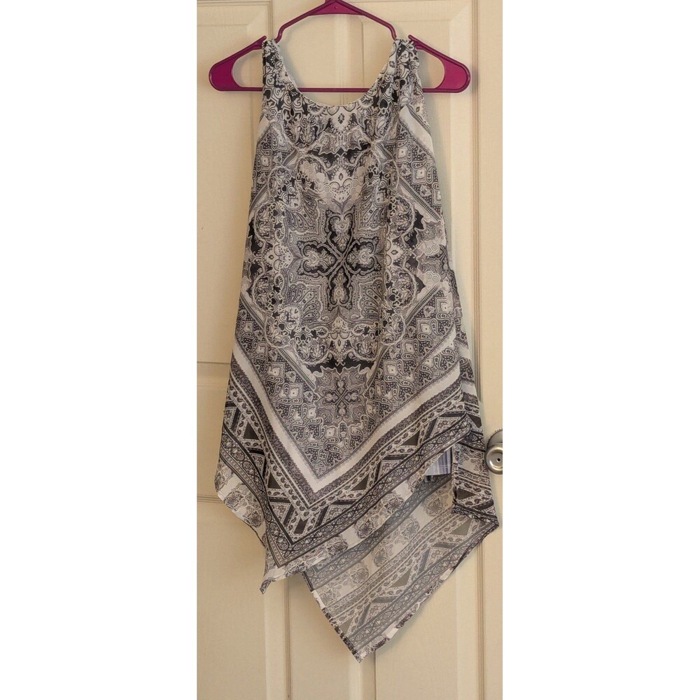 One world sleeveless black and print tunic tank with overlay women medium